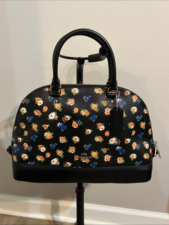 Coach Handbags - Coach Tea Rose Black Floral Dome Satchel — Orange, Blue & White Flowers